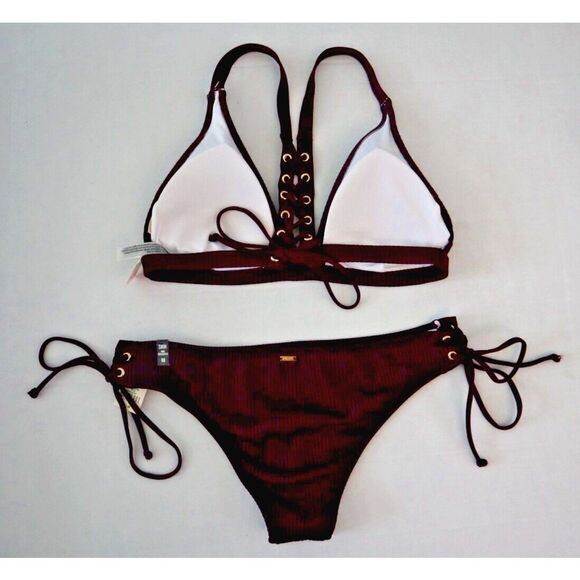 Pink x Victoria's Secret Swim Sz M Burgundy Lace-Up Top & Cheeky Bikini Set - Picture 6 of 12
